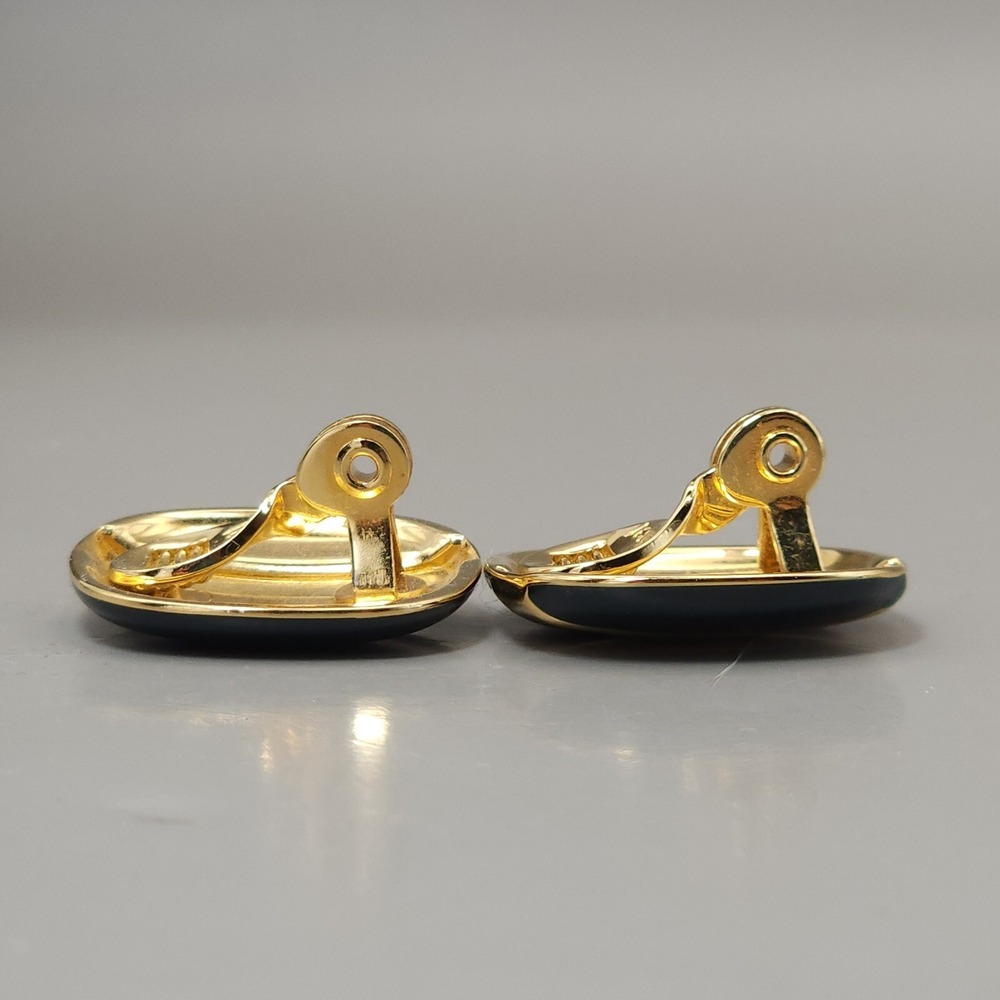 Monet Vintage Black Enamel & Gold Stripe Square‎  Button Clip On Earrings 7/8 In - Picture 4 of 11